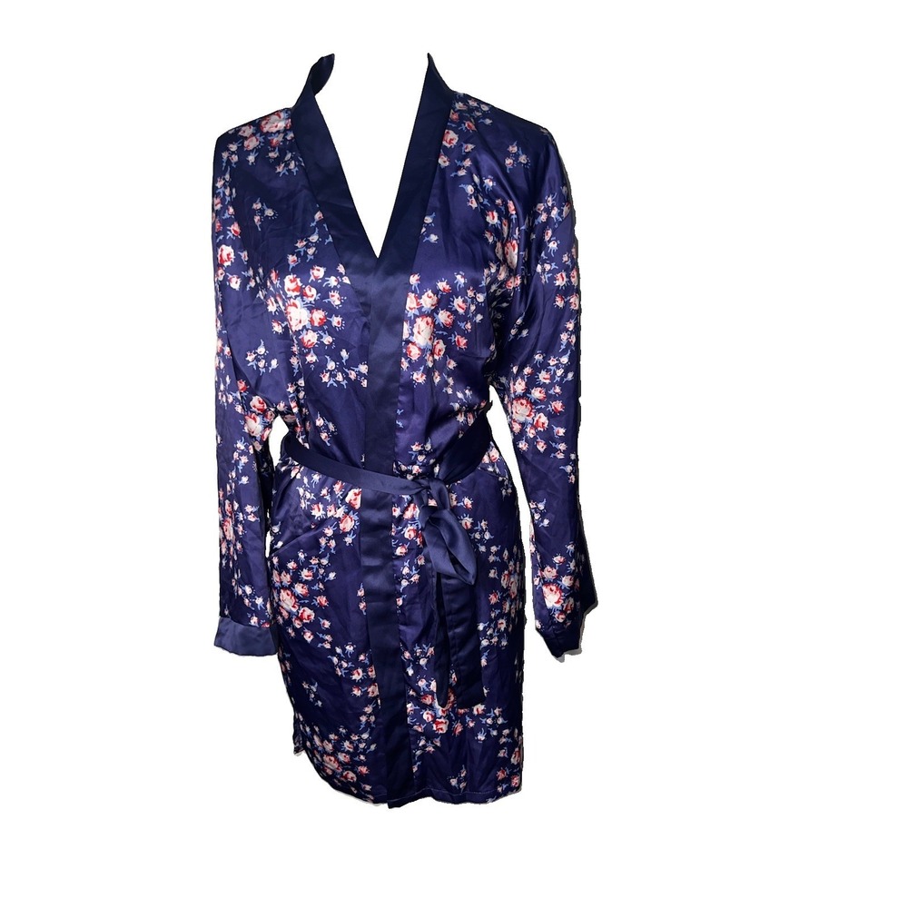Morgan Lane Women's Robe L XL Blue Floral Tie Waist Pocketed Cottagecore Resort